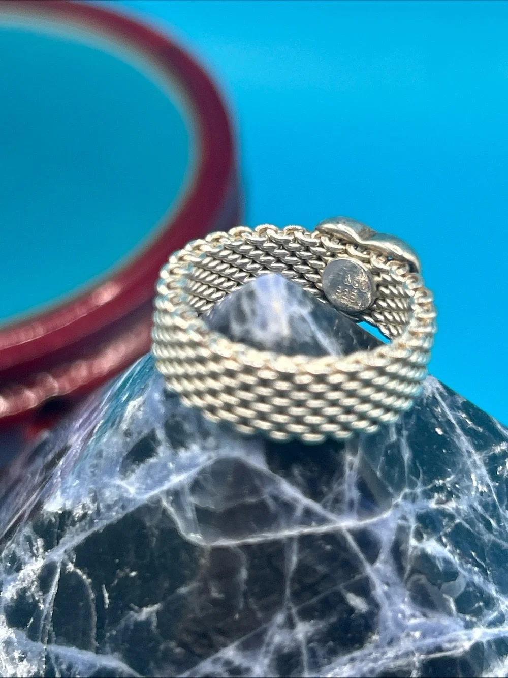 Tiffany & Co. 925 Vintage Mesh Ring W/Heart Sz  6.75 -7 Somerset Collection